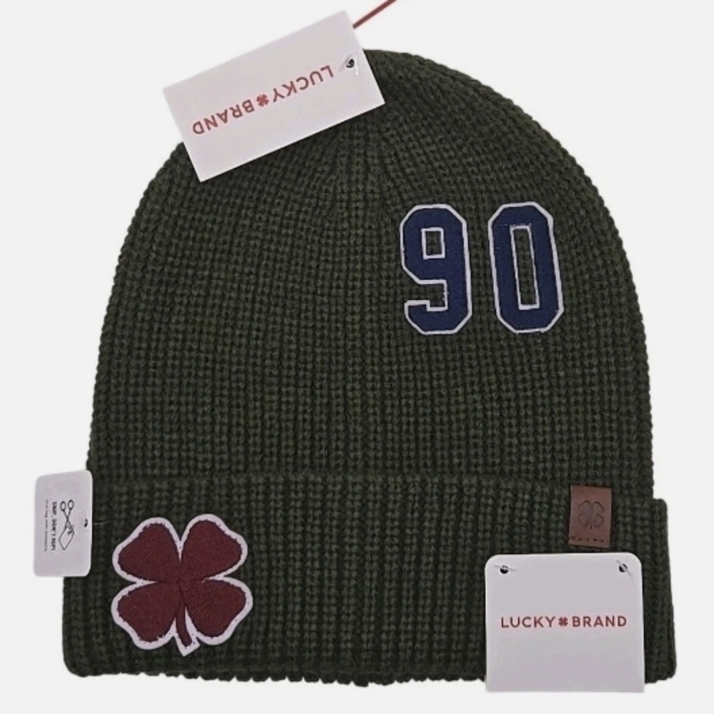 Lucky Brand Rifle Green Knit Beanie OS Patch Clover NWT Shamrock 90 Embroidery